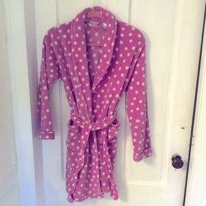 Pink soft velour bathrobe with while polka dots